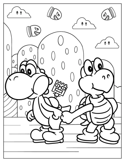 Yoshi se tient aux côtés de Koopa Troopa dans le Royaume Champignon.