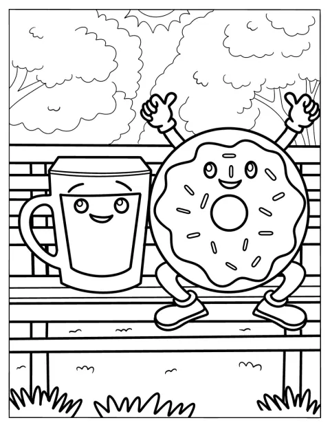 Uma chávena de café e um donut estão pousados num banco.