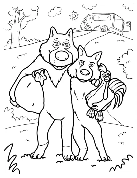 Masha And The Bear Coloring Page Of Silly Wolf And Sly Wolf Holding Chicken