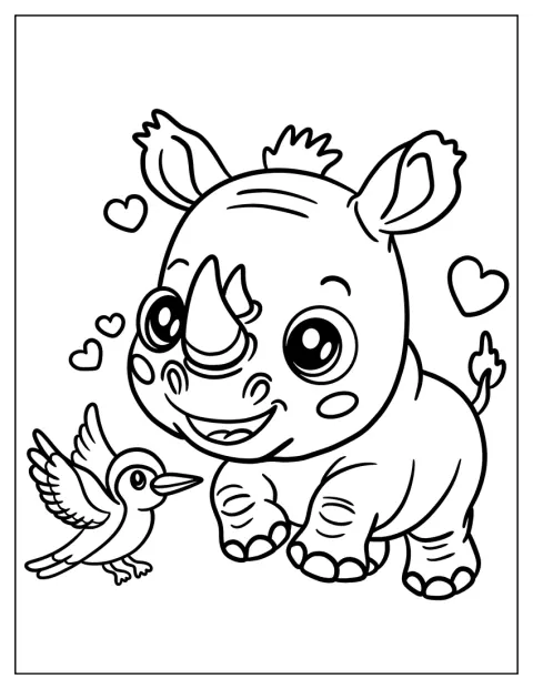 Een babyneushoorn speelt buiten met een vogeltje.