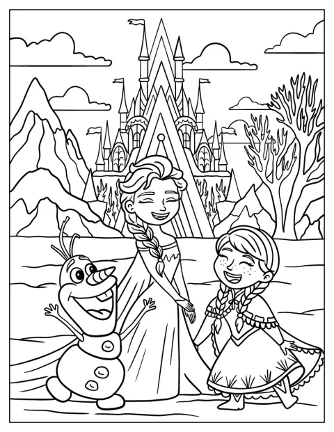Anna a Elsa stojí s Olafem před zámkem.