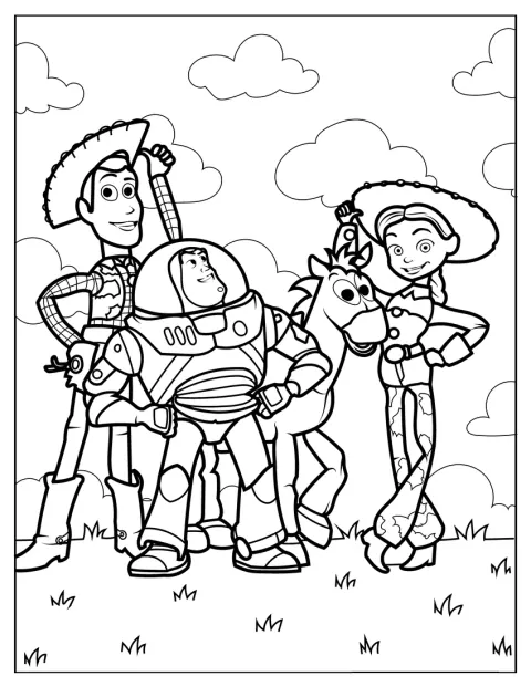 Woody, Buzz Lightyear, Bullseye e Jessie aparecem juntos.