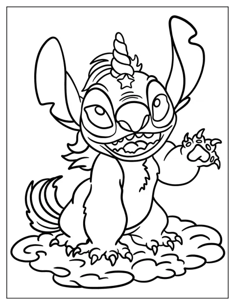 Stitch, als Einhorn mit einem Stern auf der Stirn, schaut freundlich.