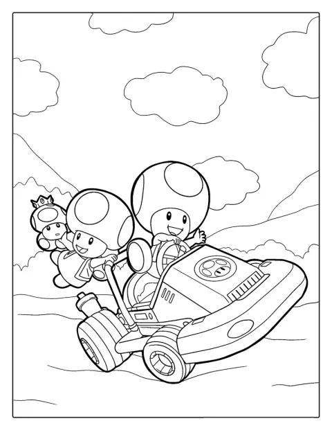 Toad konkurrerer i et gokartløp på Mario Kart-banen.