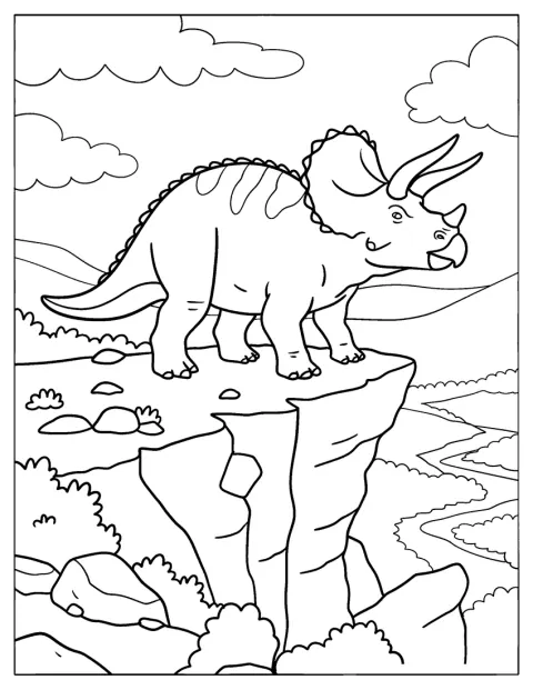 Um Triceratops está num penhasco rochoso, acima de um vale com um rio.