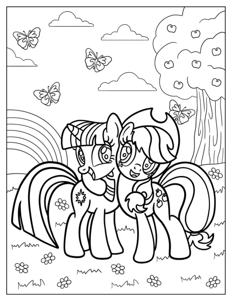 Twilight Sparkle něžně objímá Applejack.