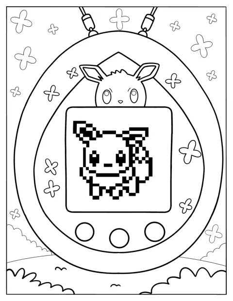 Evoli apparaît à l’intérieur d’un Tamagotchi.