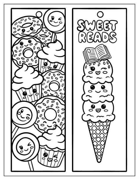 Helados y otros dulces acompañan motivos de lectura en una composición alegre.