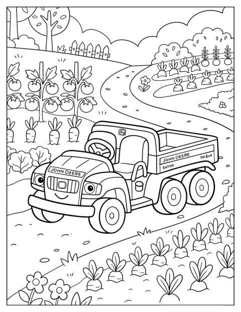 En John Deere Gator fragter friske landbrugsprodukter fra marken.