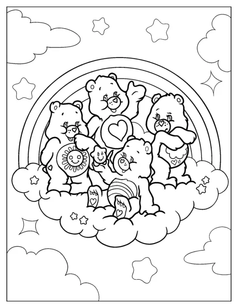 Tenderheart, Grumpy, Cheer och Funshine sitter tillsammans på ett moln.