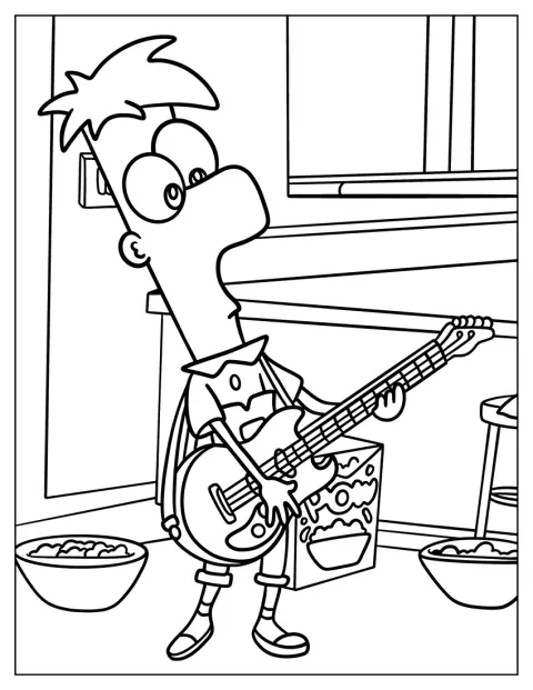 Ferb Fletcher joue de la guitare, debout avec son instrument.