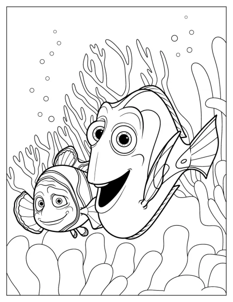 Dory és Marlin korallok között úsznak a tengerben.