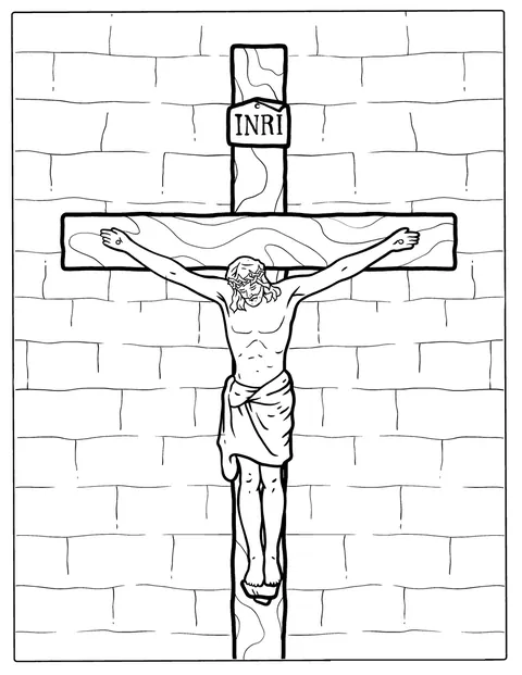 Jesus hängt am Kreuz und blickt nach oben.