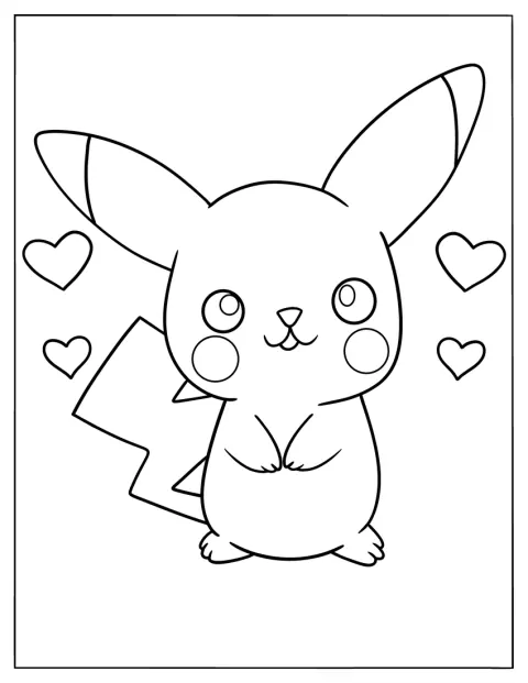 Pikachu zâmbește înconjurat de inimioare.