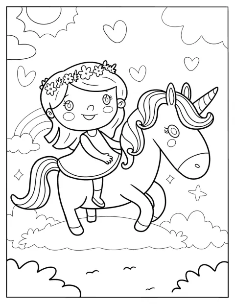 Ein kleines Mädchen reitet auf einem Einhorn durch die Luft.