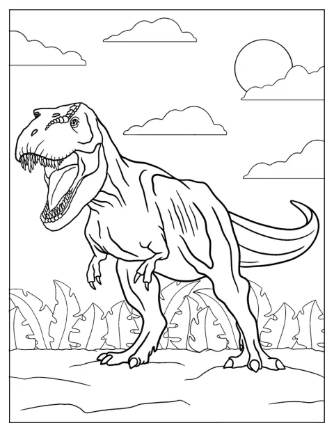 Un T-Rex din Jurassic Park stă cu gura deschisă.