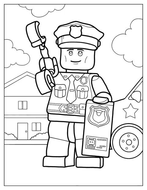 Un policía de LEGO sostiene unas esposas y muestra su placa.