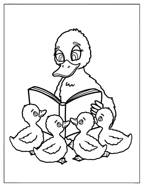 Mamá pata lee un cuento a sus patitos en el nido.