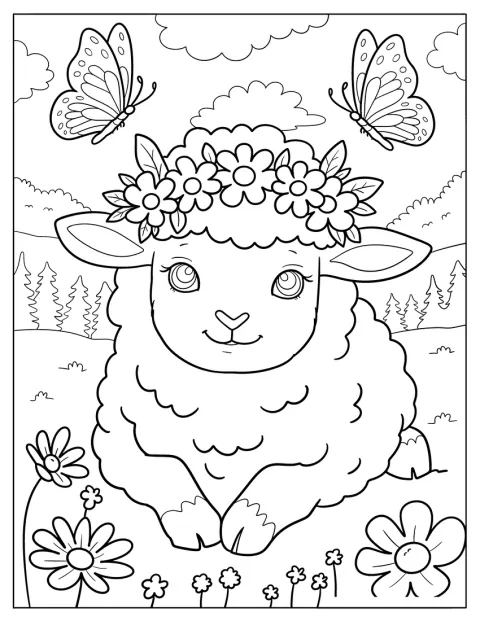 Et sødt lam står på en blomstrende eng med sommerfugle omkring sig.