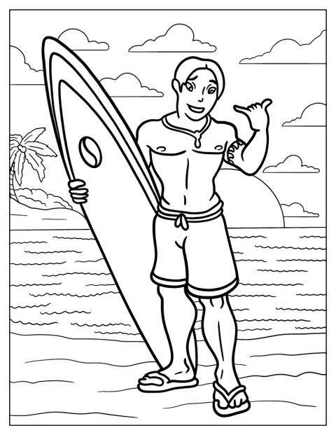 David står på stranden med sit surfbræt.