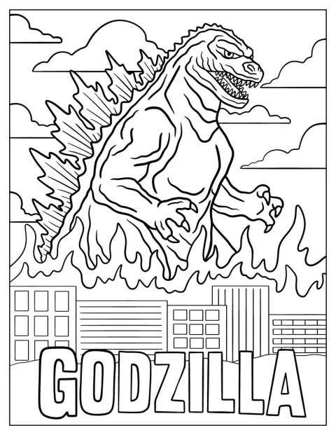 Godzilla atravessa uma cidade envolta em chamas.