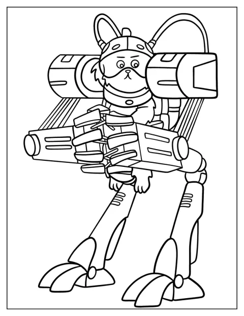 Der Hund Snuffles steckt in einem großen Mech-Anzug.