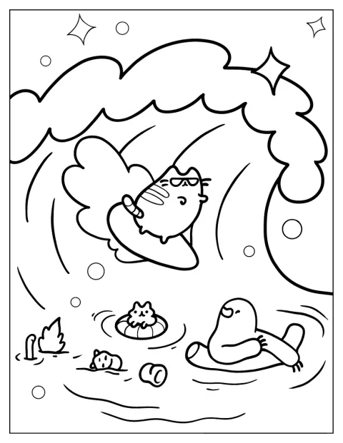 Pusheen surfer på en bølge ved stranden.