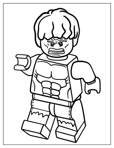 Hulk apparaît en figurine LEGO, représenté en contour.