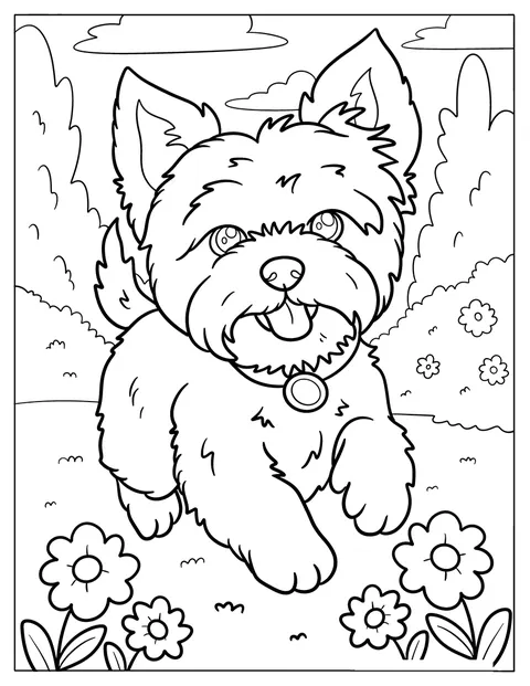 Un Yorkie court à travers un jardin rempli de fleurs.