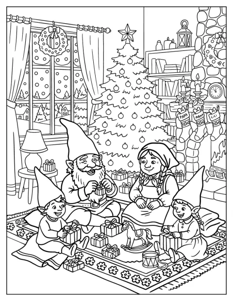 Een kerstkabouterfamilie maakt samen de cadeaus onder de boom open.