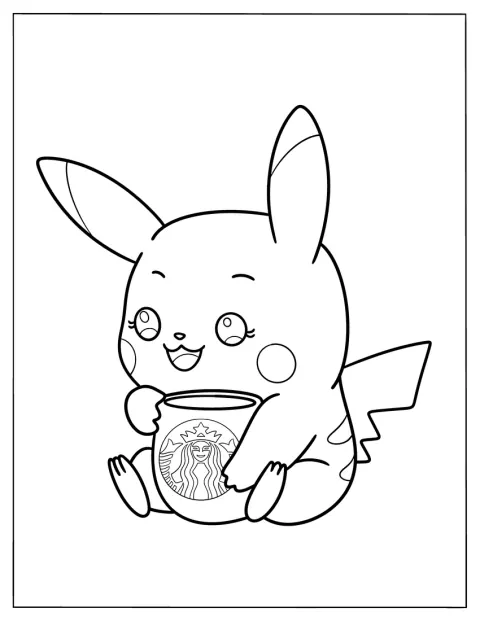 ピカチュウがスターバックスのマグカップを抱きしめています。