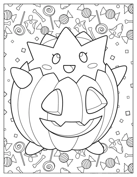 Togepi gluurt vanuit een uitgeholde Halloweenpompoen.