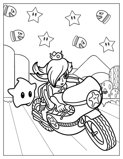 Rosalina fährt bei Mario Kart Fahrrad, begleitet von Luma.