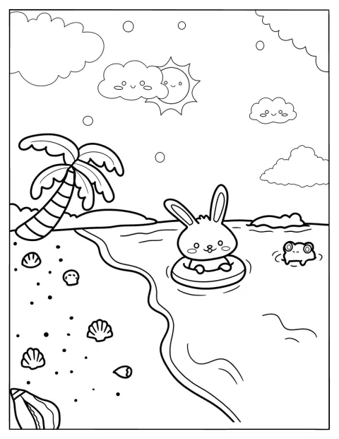 ウサギとカエルが浜辺の海で一緒に泳いでいます。