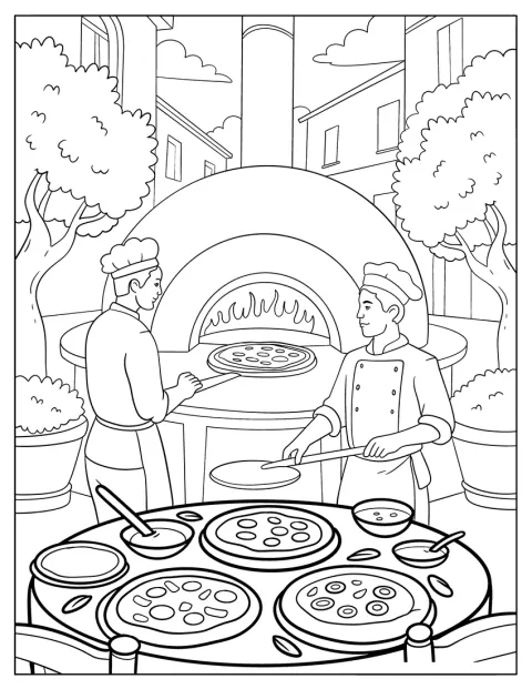 Varios chefs colocan pizzas en un horno tradicional.