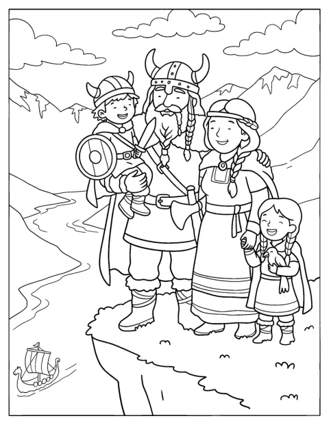 A viking család együtt áll egy hegyi sziklaszirten, mögöttük hajóval.