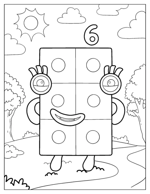 El Numberblock 6 muestra una expresión alegre.