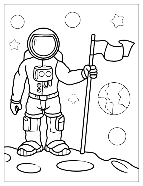 En astronaut håller en flagga i sin rymddräkt.