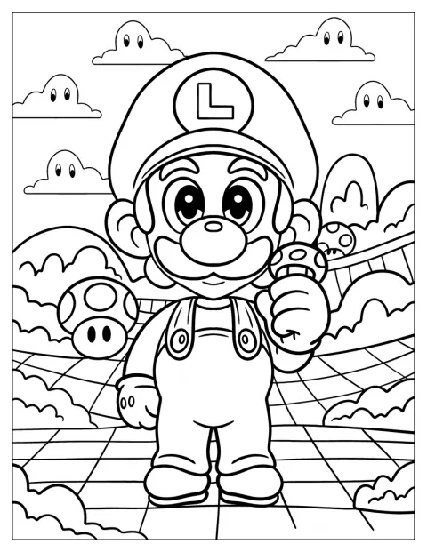 En söt chibi-version av Luigi står i Svampriket.