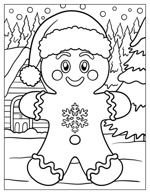 Mikulás sapkás mézeskalács ember mellkasát hópehely díszíti.