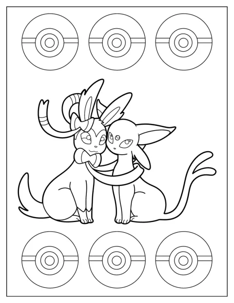 Sylveon abraza a Espeon y lo rodea con sus cintas.