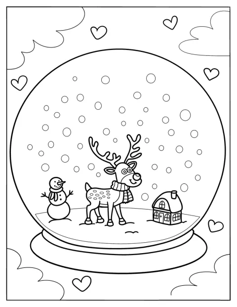 Rudolph staat in een sneeuwbol tussen dwarrelende sneeuwvlokken.
