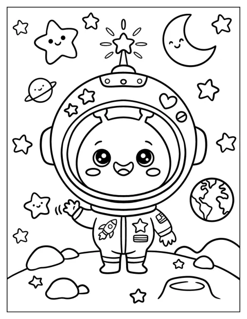 Un alienígena vestido de astronauta saluda desde el espacio.