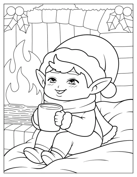Am Kamin wärmt sich ein Winterwichtel mit einem heißen Getränk.