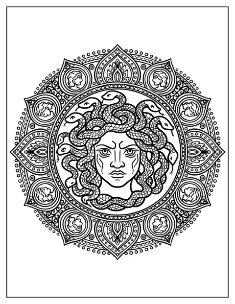 El rostro de Medusa, rodeado de serpientes y símbolos sagrados, forma un elaborado mándala.