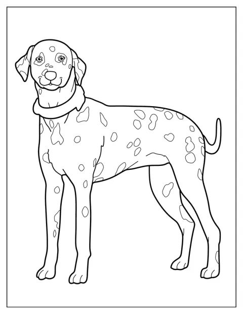 Een grote dalmatiër staat afgebeeld met zijn kenmerkende vlekken.