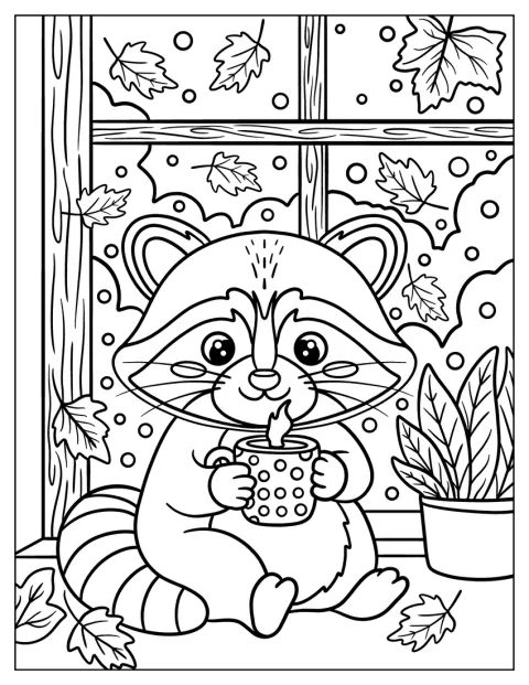 Ein Waschbär hält eine Tasse am Fenster und genießt die herbstliche Aussicht.