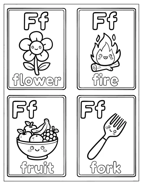 Ett bildkort visar bokstaven F tillsammans med en blomma, eld, frukt och gaffel.