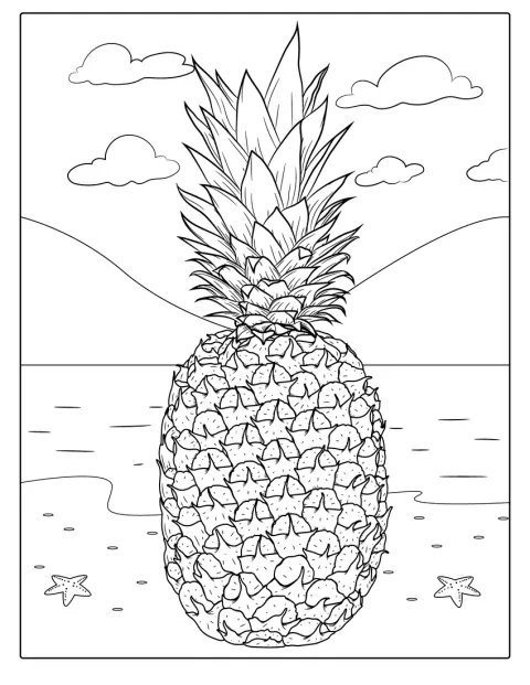 Een gedetailleerde ananas ligt op het strand.