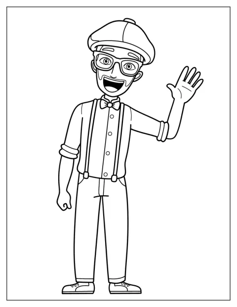 Blippi mosolyogva áll.